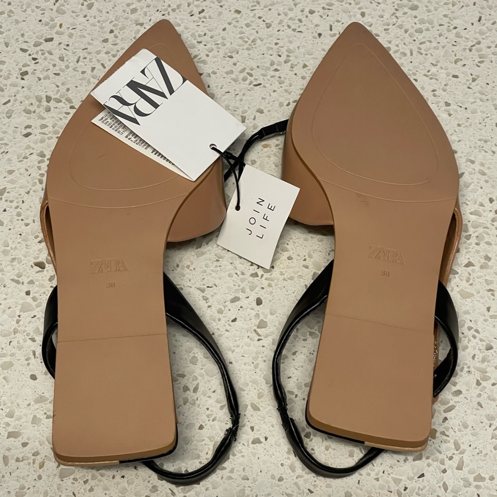 ZARA Flat Slingback sandal shoes 7.5 Tan Black Color block NEW NWT - Picture 4 of 5